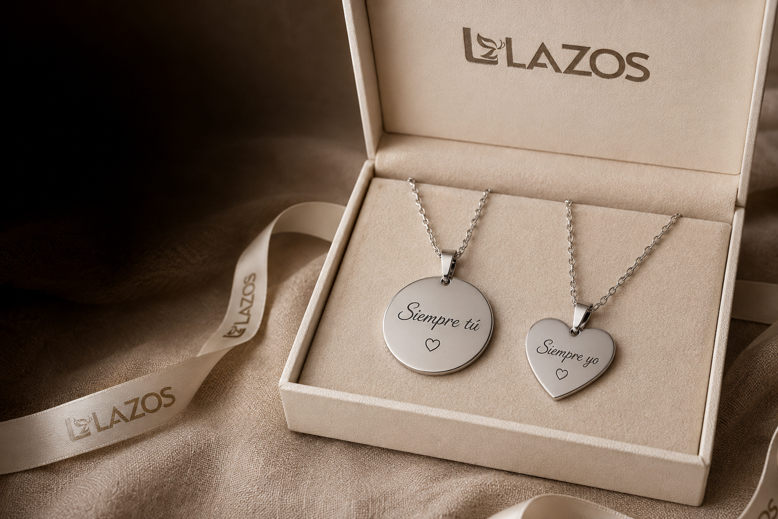 Dijes personalizados para pareja, circular y corazón plateados, en una caja LAZOS